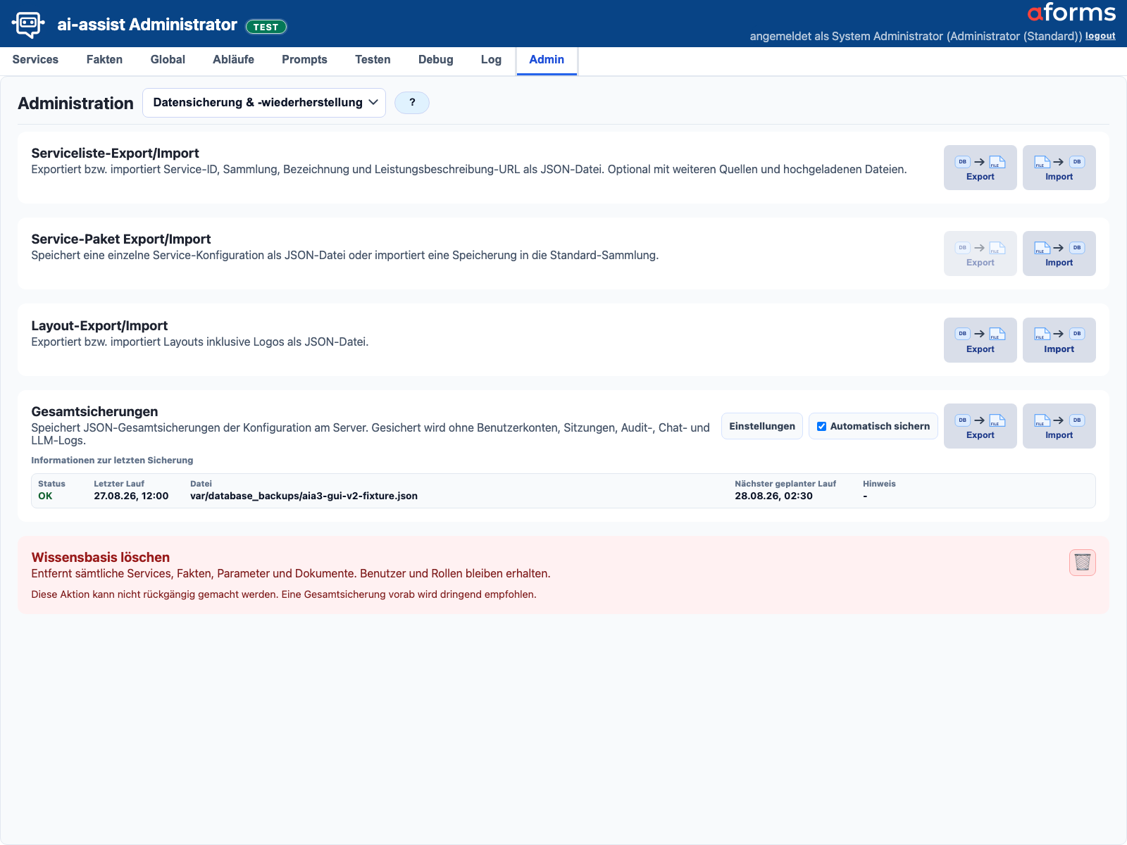 Admin-Maske Datensicherung mit Service-Export, Layout-Export und Gesamtsicherungen