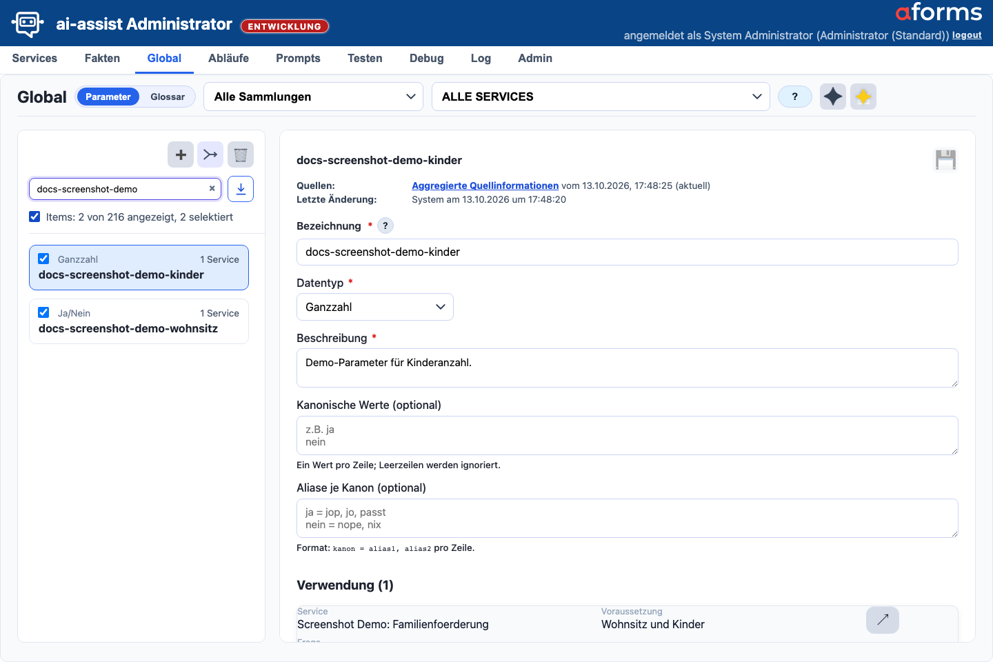 Global-Maske in der Parameteransicht mit Aktionszeile, Suche, Export, Parameterliste, Verwendungen und Detailformular