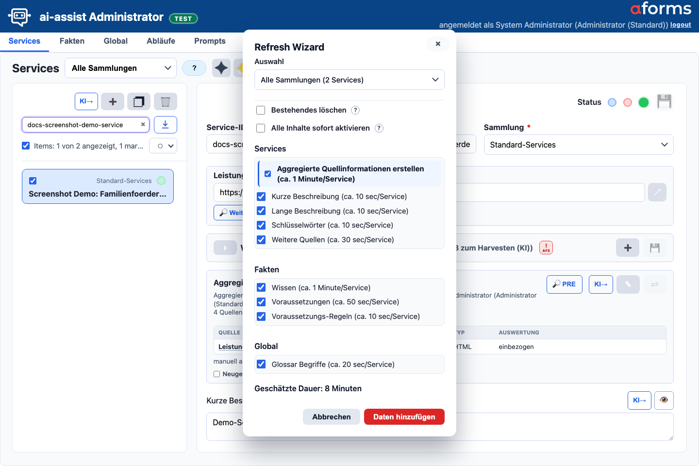 Refresh Wizard in der Services-Maske mit Sammlungsauswahl, Schutzoptionen, Aufgabenblöcken und Aktionen