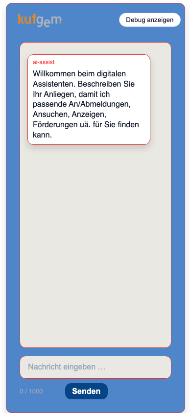 Mobile Ansicht des Bürgerchats mit Logo, Begrüßungsnachricht, Eingabefeld und Senden-Schaltfläche